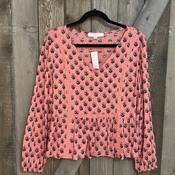 LOFT Tops - NWT Loft Pink Lace Floral Peplum Boho Long Sleeve Blouse Top